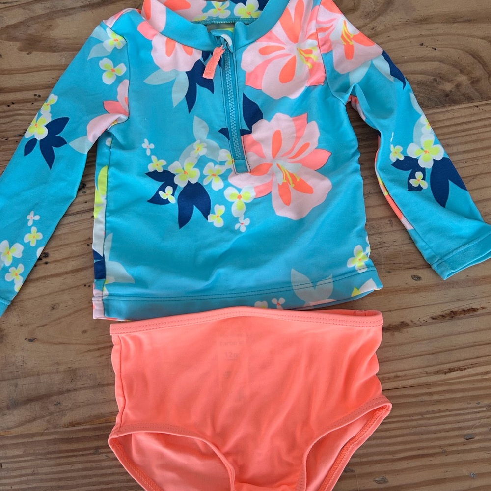 Carter's Turquoise Floral Rash Guard Set with Coral Bottoms